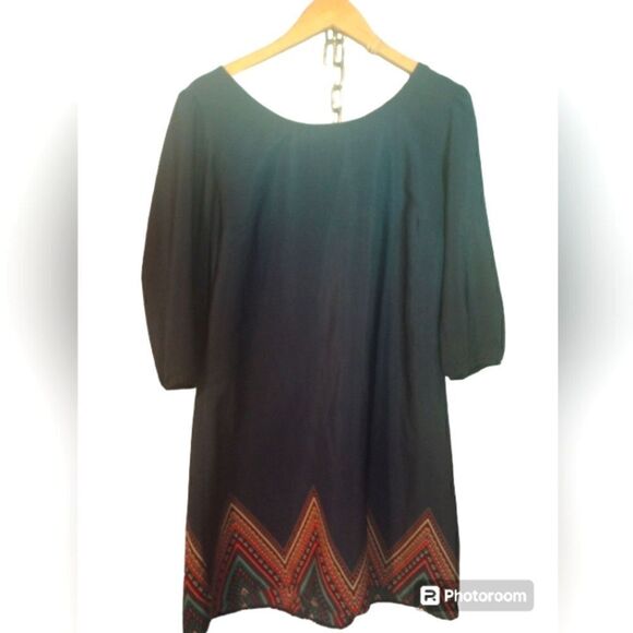 - BeBop navy blue tunic dress with puffy 3/4 sleeve boho print & back zipp… - Picture 1 of 8